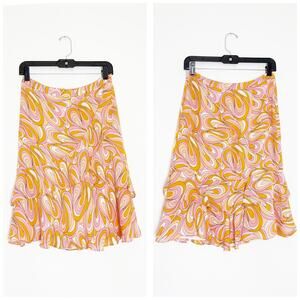 Michael Kors Y2K Pink Orange Psychedelic Swirl Silk Ruffle Tiered Skirt Size 4